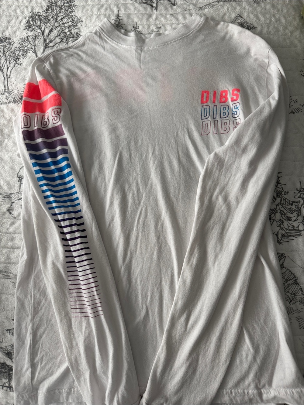 DIBS White Long Sleeve Tee with Gradient Sleeve Stripes